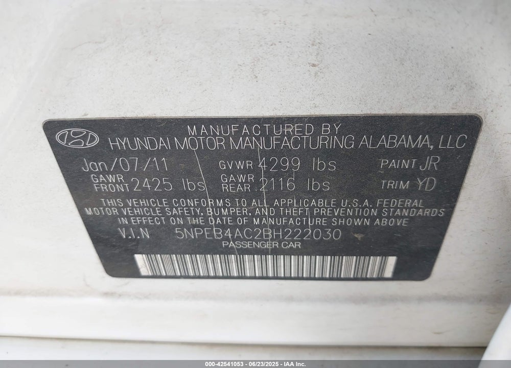 2011 HYUNDAI SONATA VIN: 5NPEB4AC2BH222030