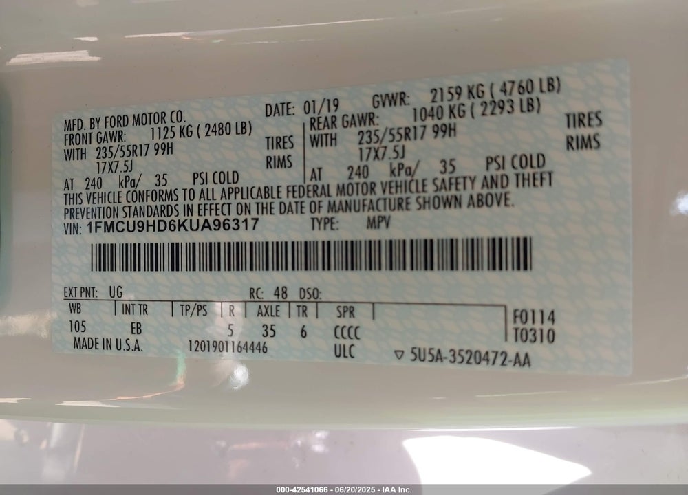 2019 FORD ESCAPE SEL VIN: 1FMCU9HD6KUA96317