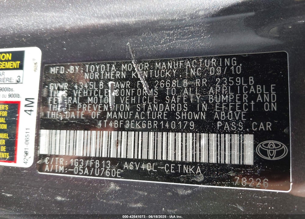 2011 TOYOTA CAMRY VIN: 4T4BF3EK6BR140179