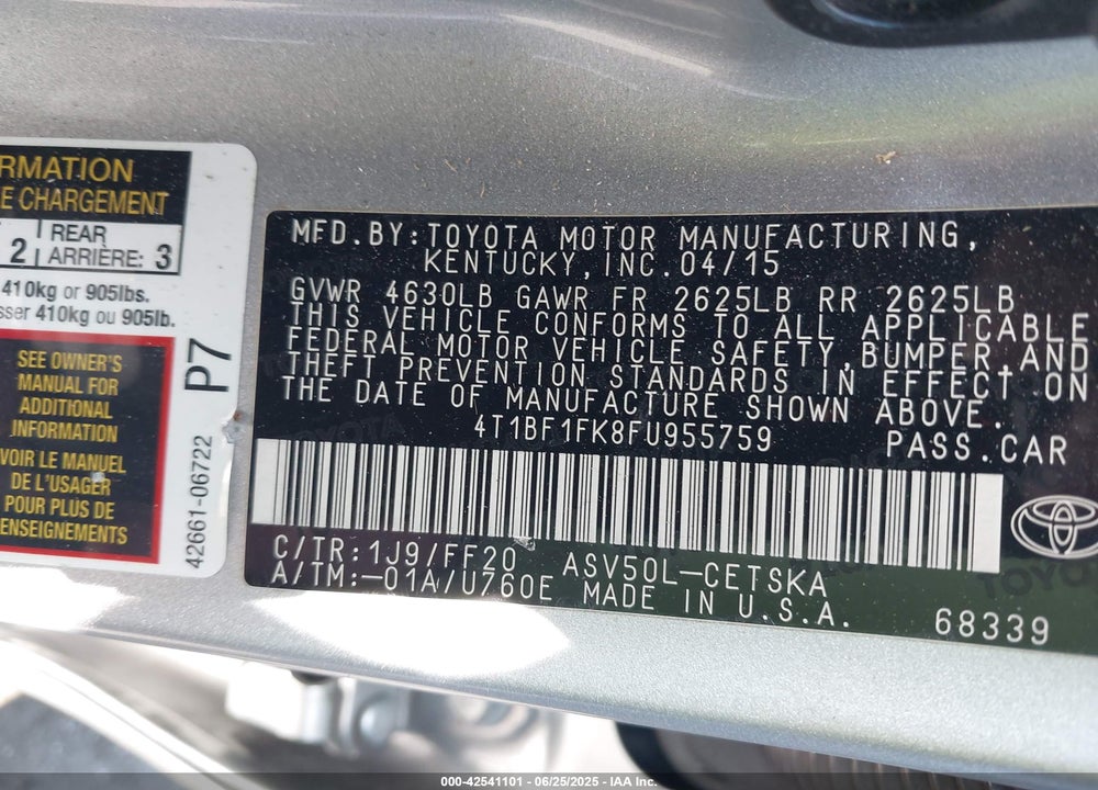 2015 TOYOTA CAMRY SE VIN: 4T1BF1FK8FU955759