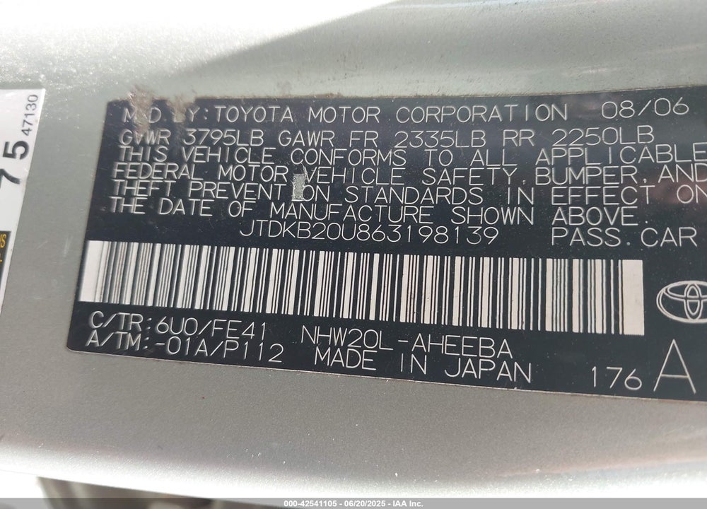 2006 TOYOTA PRIUS VIN: JTDKB20U863198139