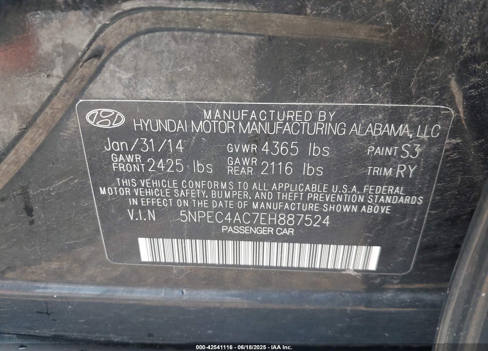 2014 HYUNDAI SONATA VIN: 5NPEC4AC7EH887524