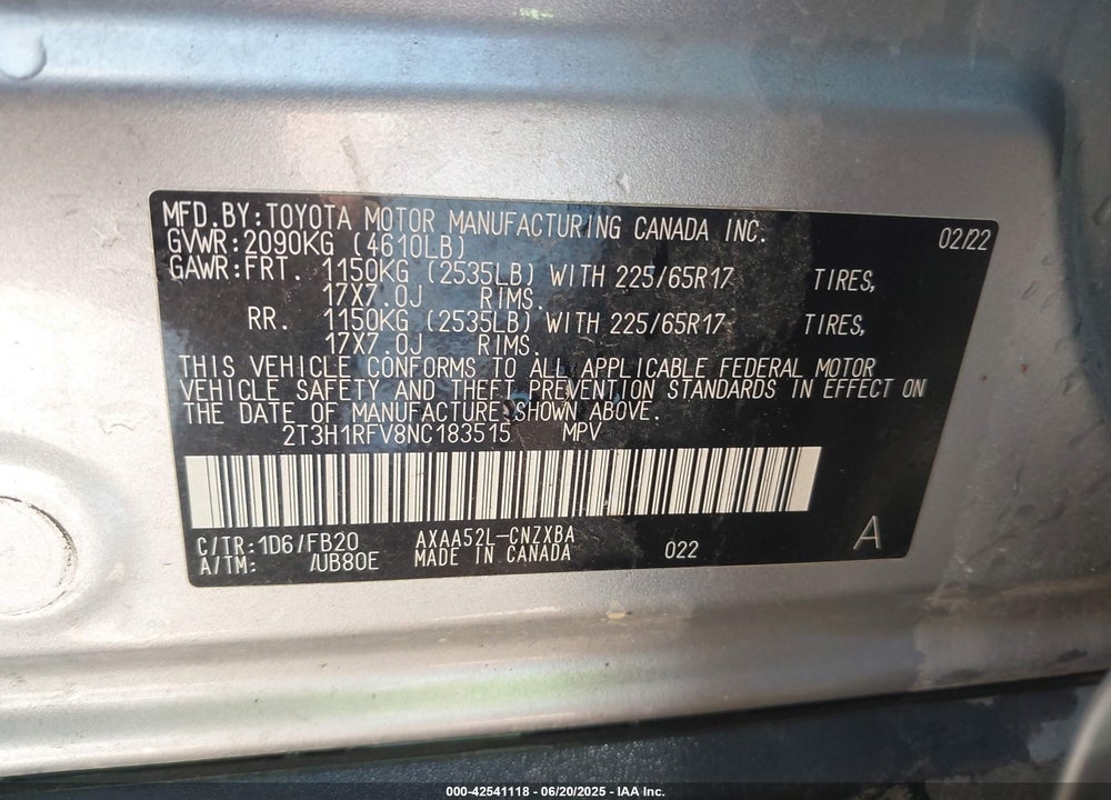 2022 TOYOTA RAV4 VIN: 2T3H1RFV8NC183515