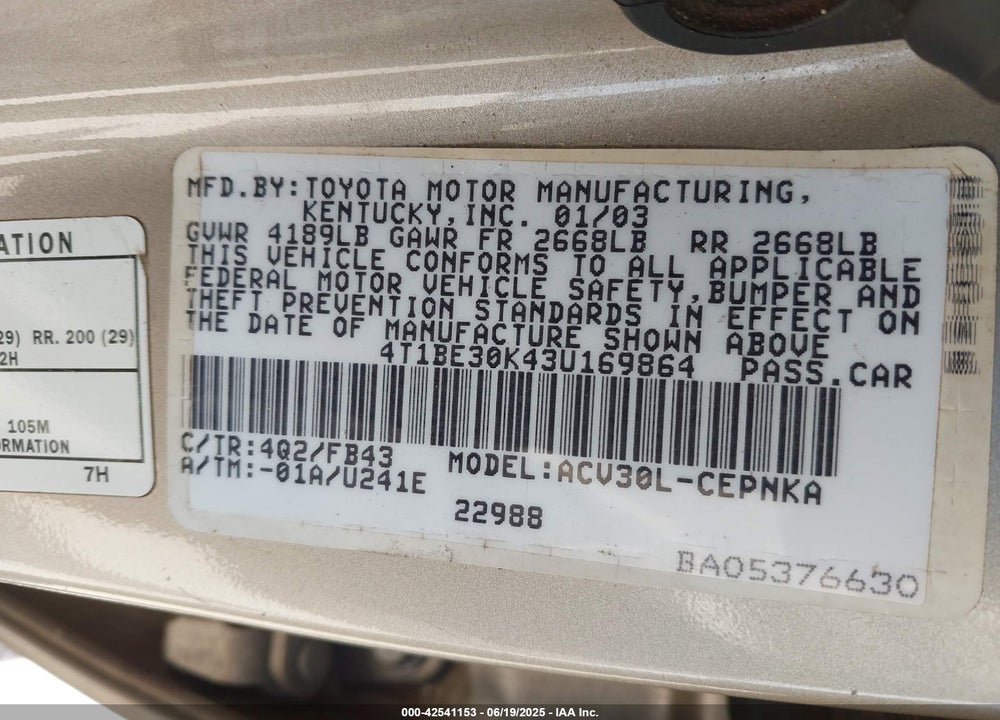 2003 TOYOTA CAMRY LE VIN: 4T1BE30K43U169864