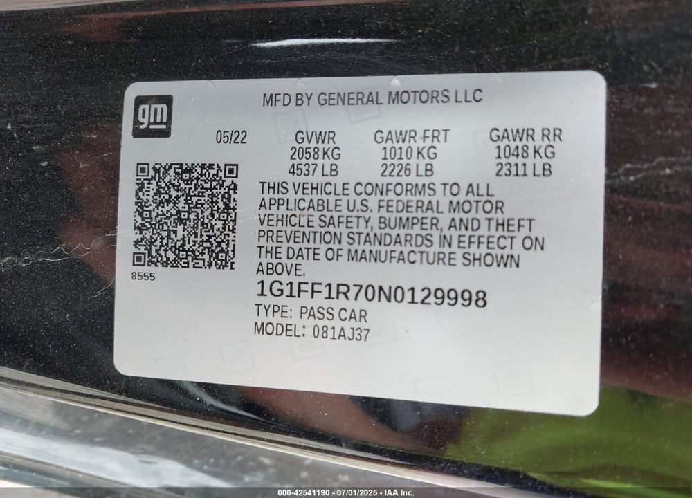 2022 CHEVROLET CAMARO VIN: 1G1FF1R70N0129998