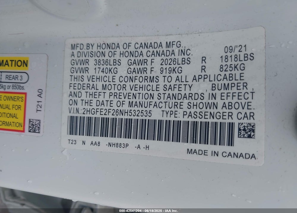 2022 HONDA CIVIC VIN: 2HGFE2F26NH532535