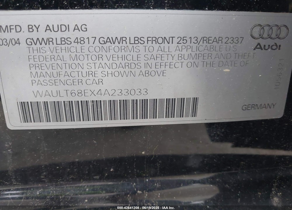 2004 AUDI A4 3.0 VIN: WAULT68EX4A233033