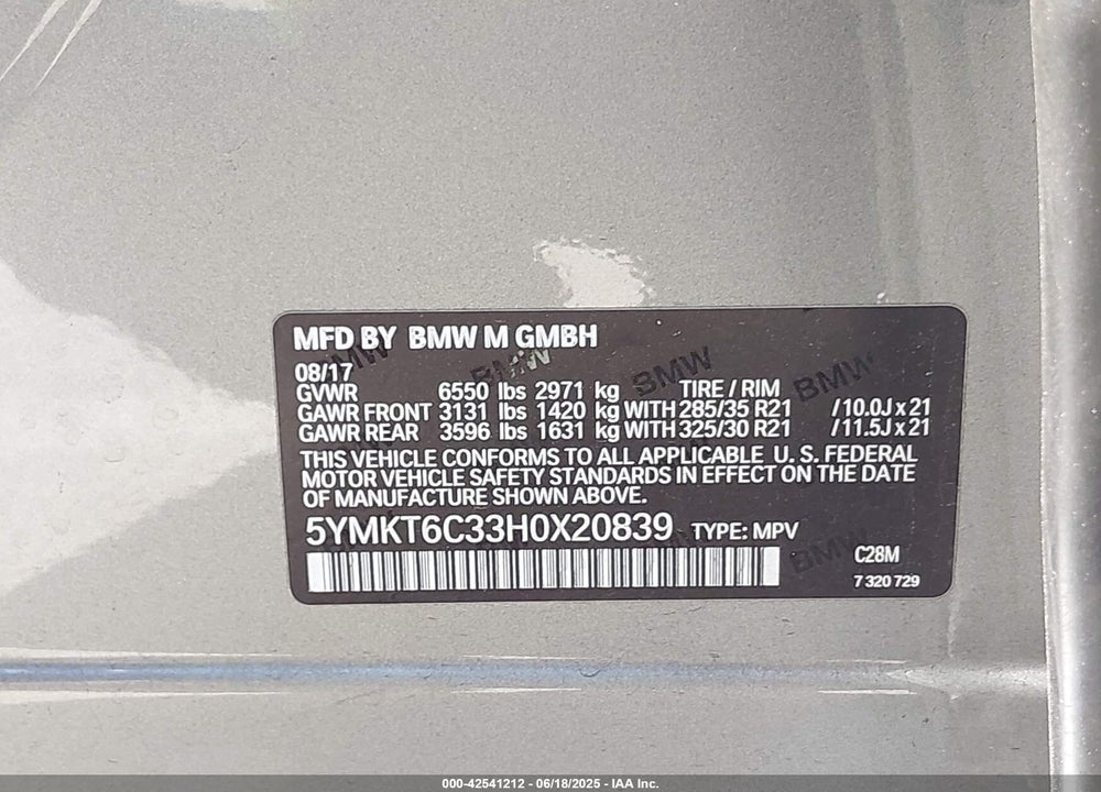2017 BMW X5 M VIN: 5YMKT6C33H0X20839