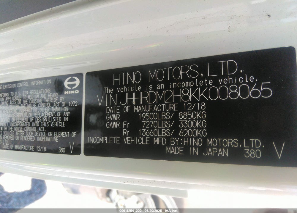 2019 HINO XJC720/XFC720 VIN: JHHRDM2H8KK008065