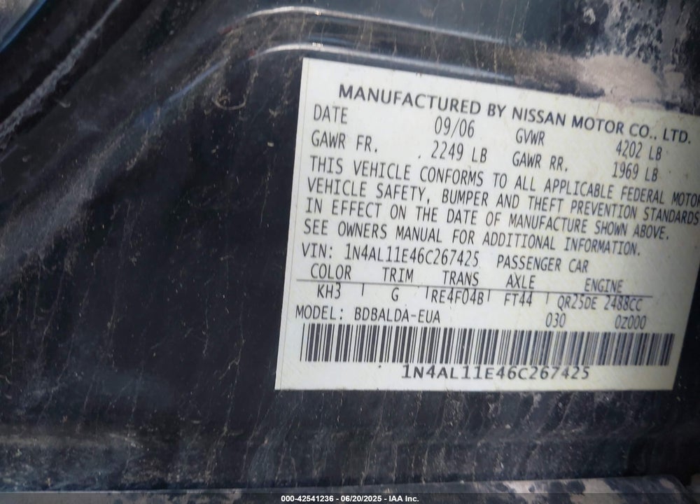 2006 NISSAN ALTIMA 2.5 S VIN: 1N4AL11E46C267425