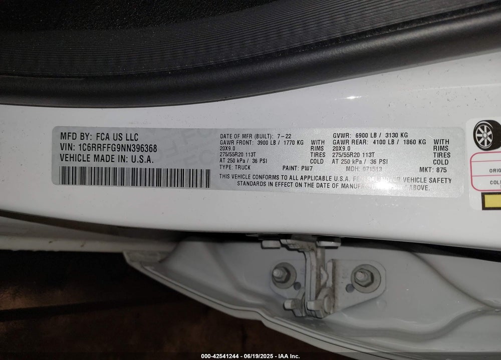2022 RAM 1500 VIN: 1C6RRFFG9NN396368