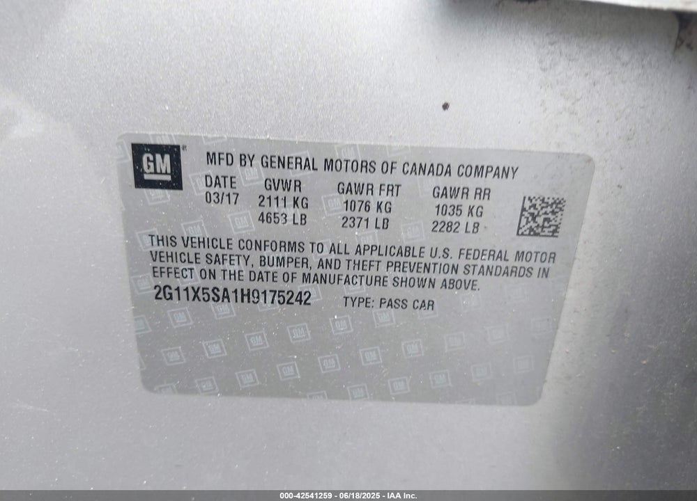 2017 CHEVROLET IMPALA VIN: 2G11X5SA1H9175242