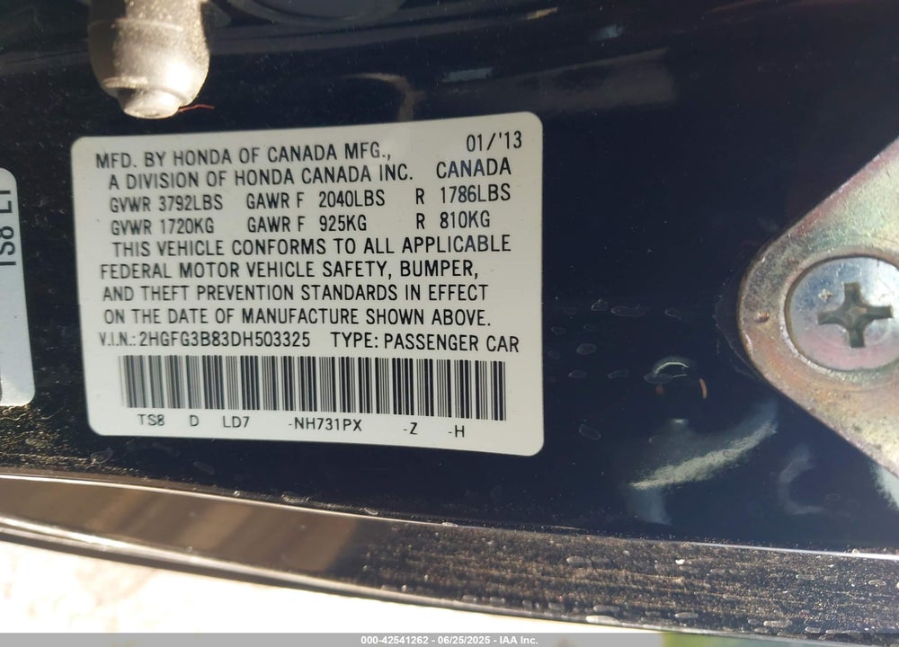 2013 HONDA CIVIC VIN: 2HGFG3B83DH503325