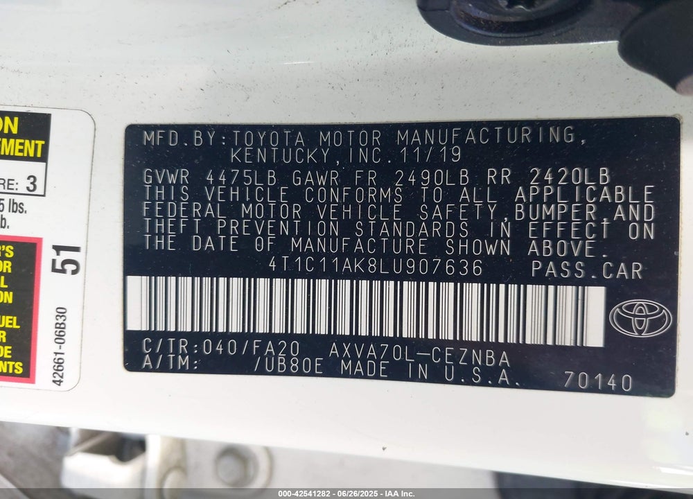 2020 TOYOTA CAMRY VIN: 4T1C11AK8LU907636
