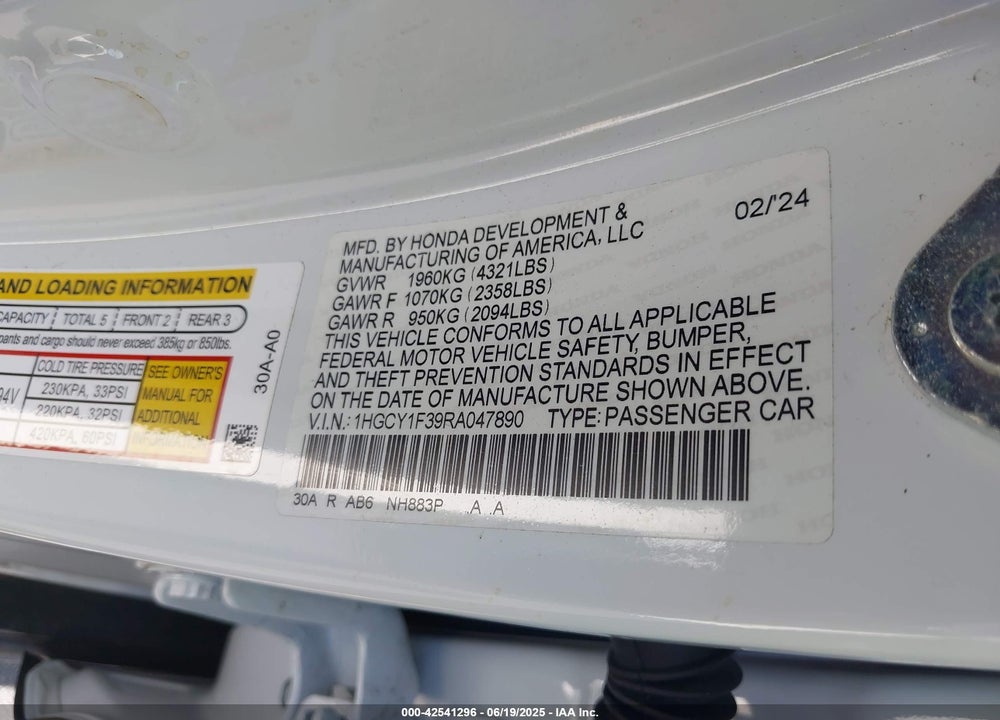 2024 HONDA ACCORD VIN: 1HGCY1F39RA047890