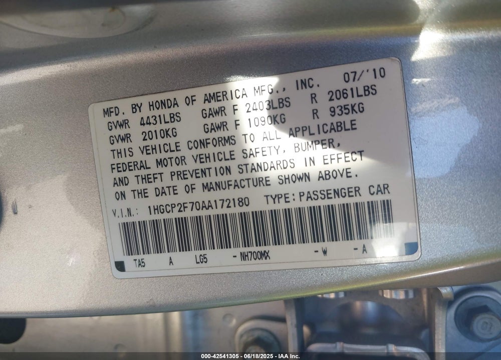 2010 HONDA ACCORD VIN: 1HGCP2F70AA172180