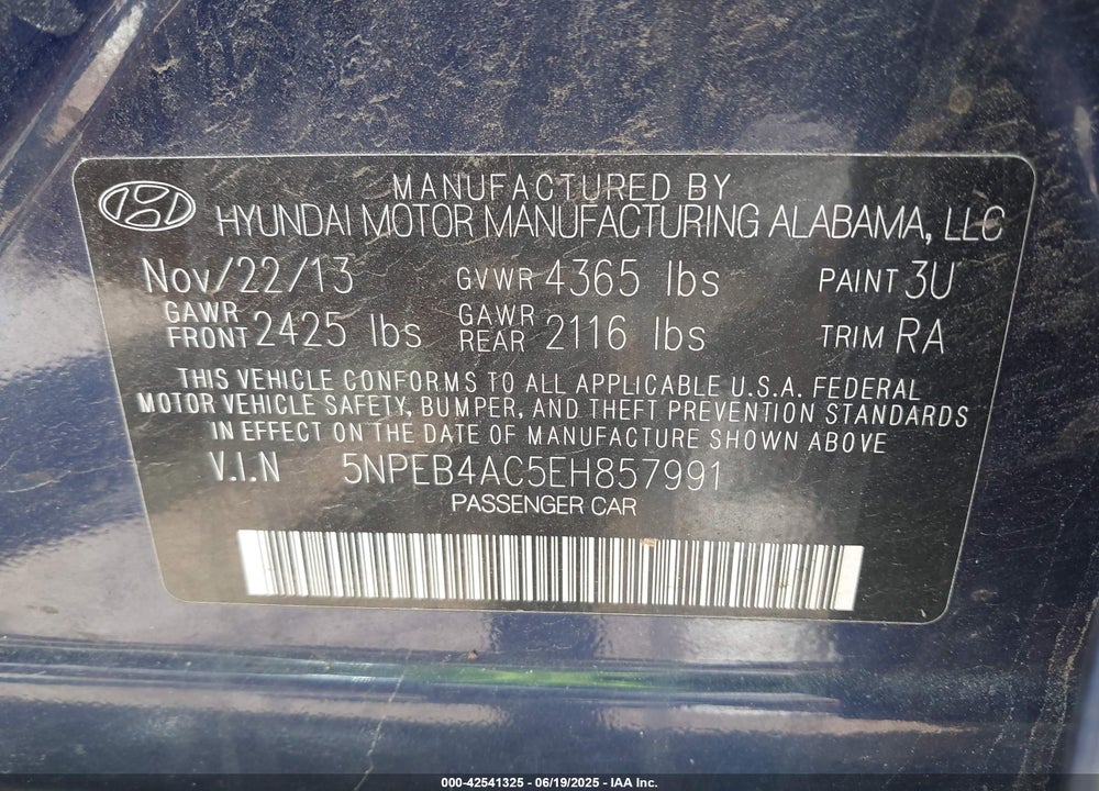 2014 HYUNDAI SONATA VIN: 5NPEB4AC5EH857991