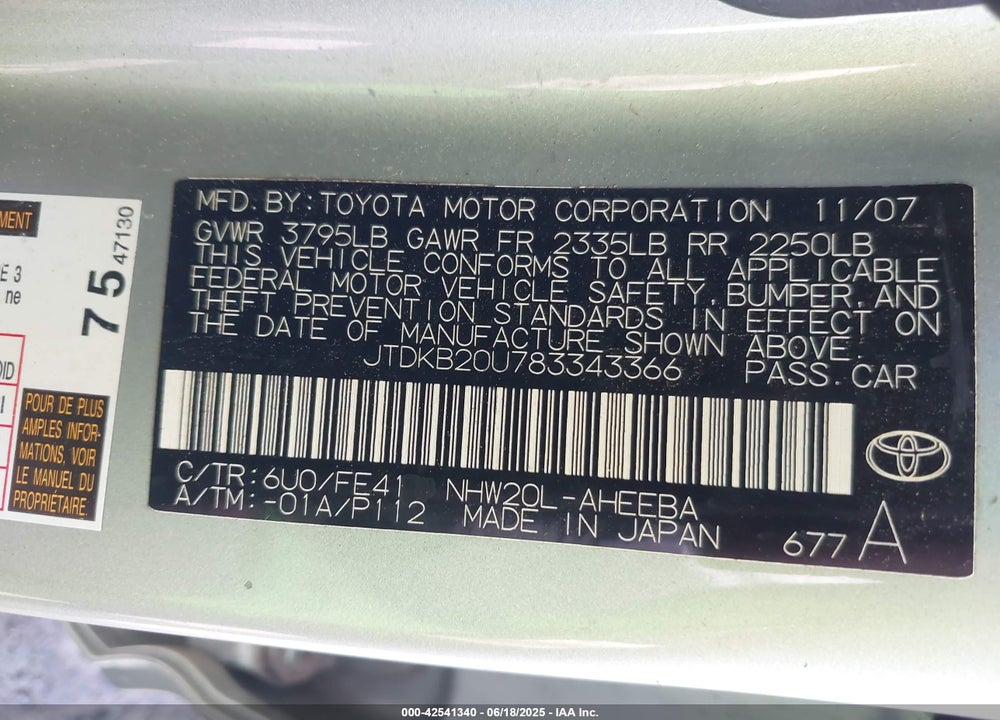 2008 TOYOTA PRIUS VIN: JTDKB20U783343366