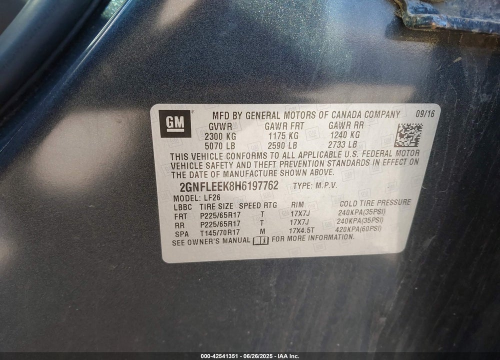 2017 CHEVROLET EQUINOX VIN: 2GNFLEEK8H6197762