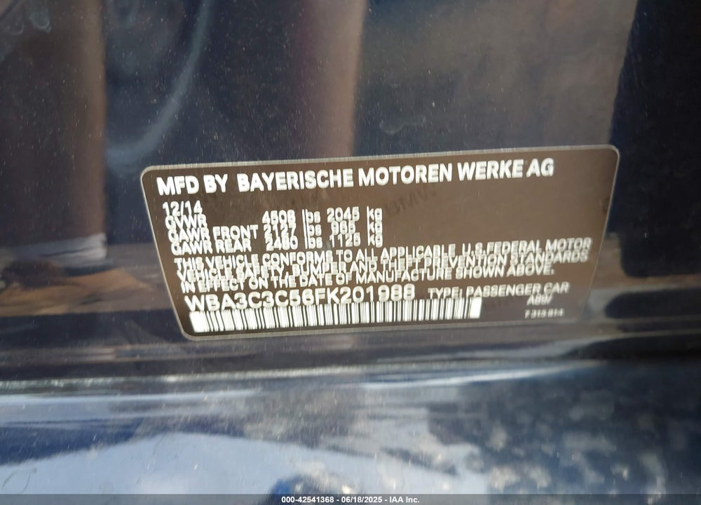 2015 BMW 320I VIN: WBA3C3C56FK201988