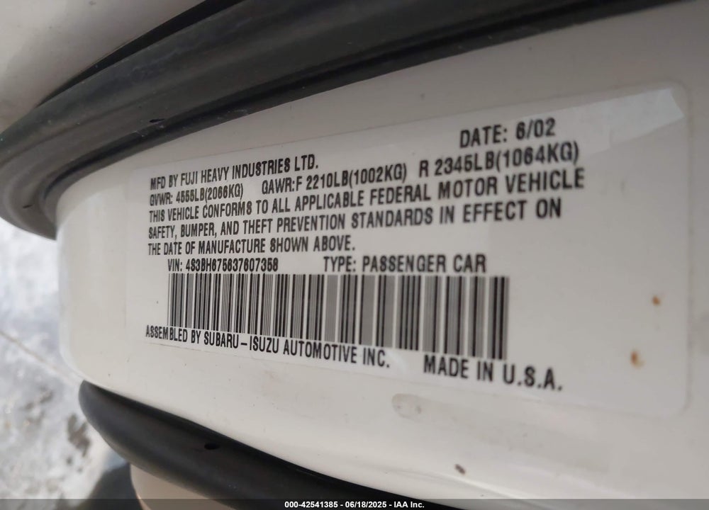 2003 SUBARU OUTBACK VIN: 4S3BH675637607358