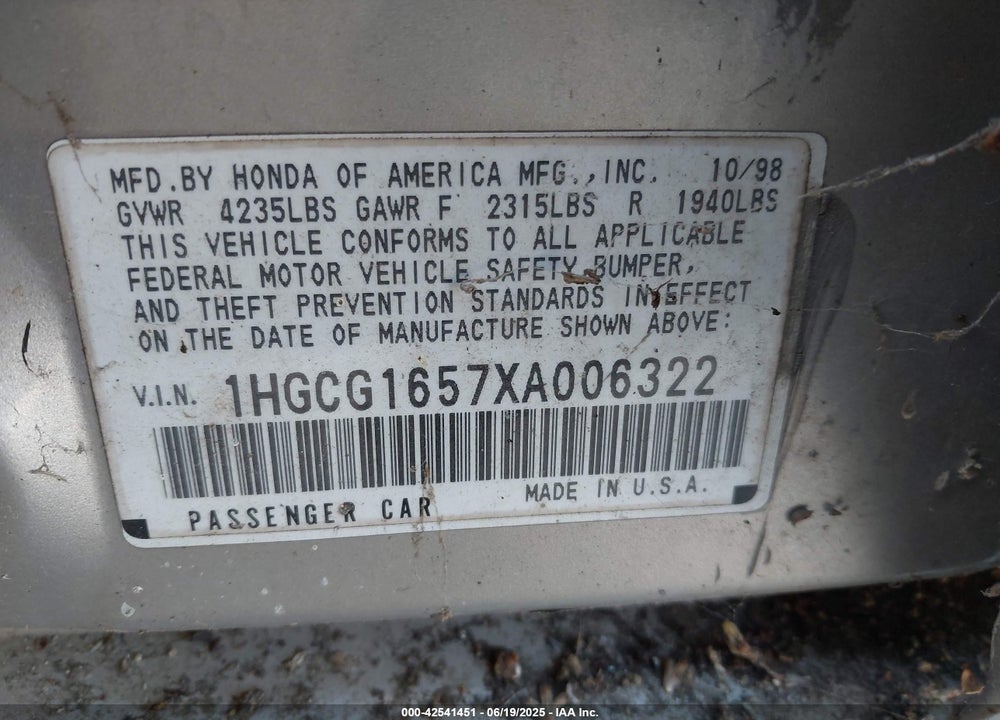 1999 HONDA ACCORD VIN: 1HGCG1657XA006322