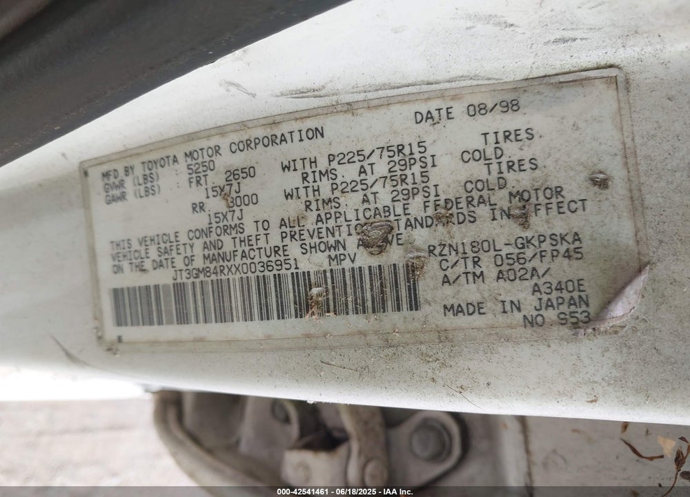 1999 TOYOTA 4RUNNER VIN: JT3GM84RXX0036951