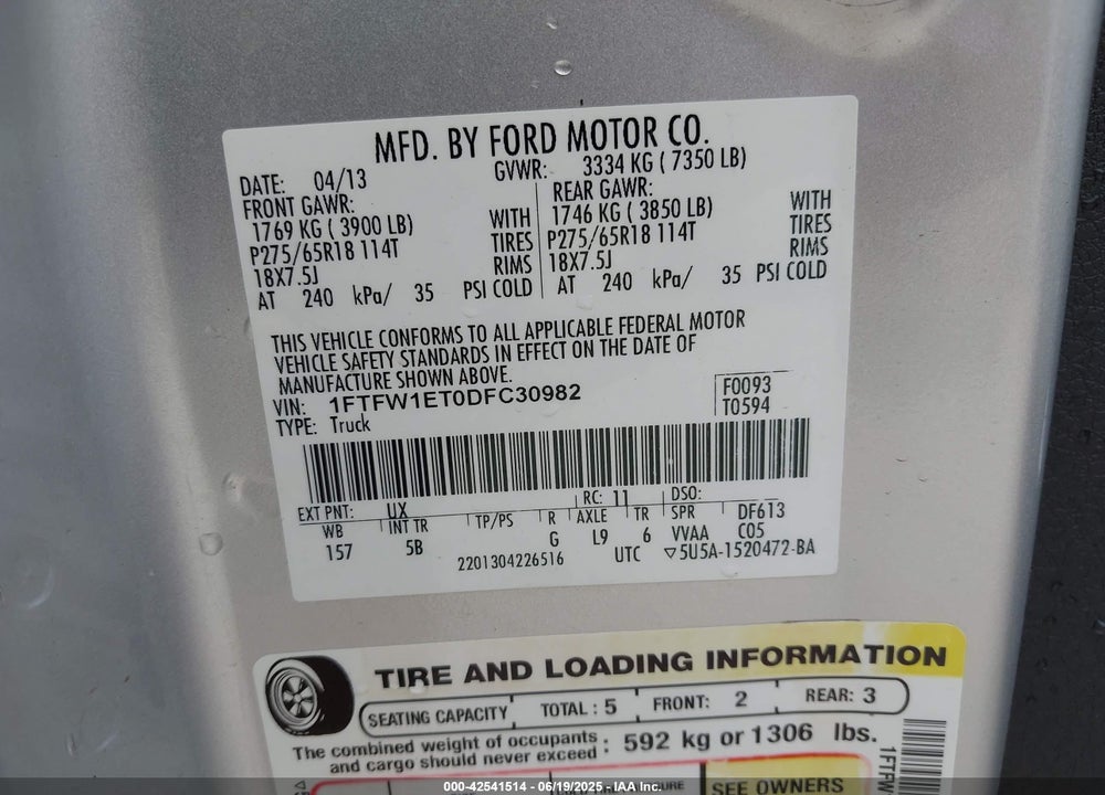 2013 FORD F-150 VIN: 1FTFW1ET0DFC30982