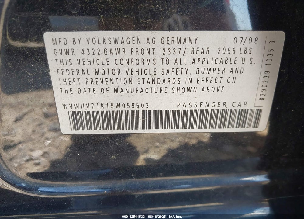 2009 VOLKSWAGEN GTI VIN: WVWHV71K19W059503