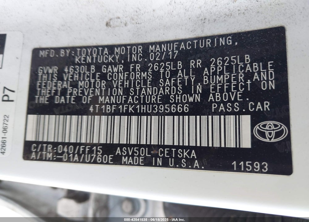 2017 TOYOTA CAMRY SE VIN: 4T1BF1FK1HU395666
