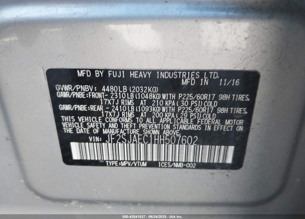 2017 SUBARU FORESTER VIN: JF2SJAEC1HH507602