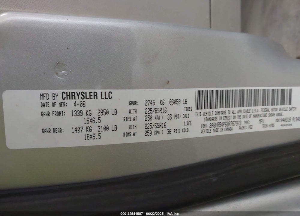 2008 CHRYSLER TOWN & COUNTRY TOURING VIN: 2A8HR54P68R767973