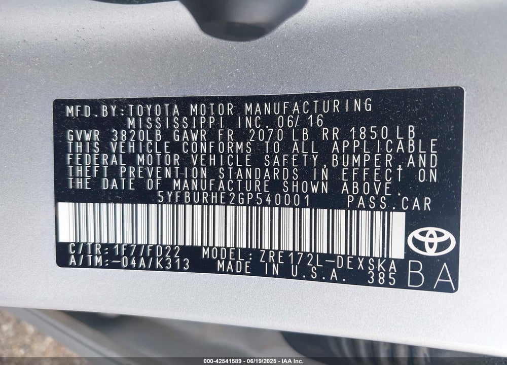 2016 TOYOTA COROLLA VIN: 5YFBURHE2GP540001