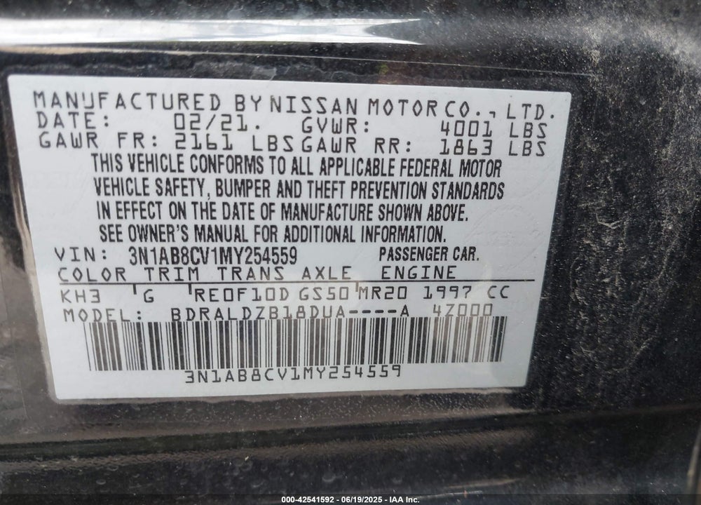 2021 NISSAN SENTRA VIN: 3N1AB8CV1MY254559