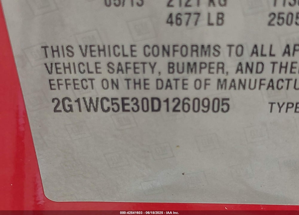 2013 CHEVROLET IMPALA VIN: 2G1WC5E30D1260905