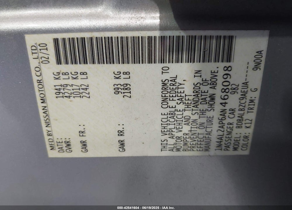 2010 NISSAN ALTIMA VIN: 1N4AL2AP6AN468098