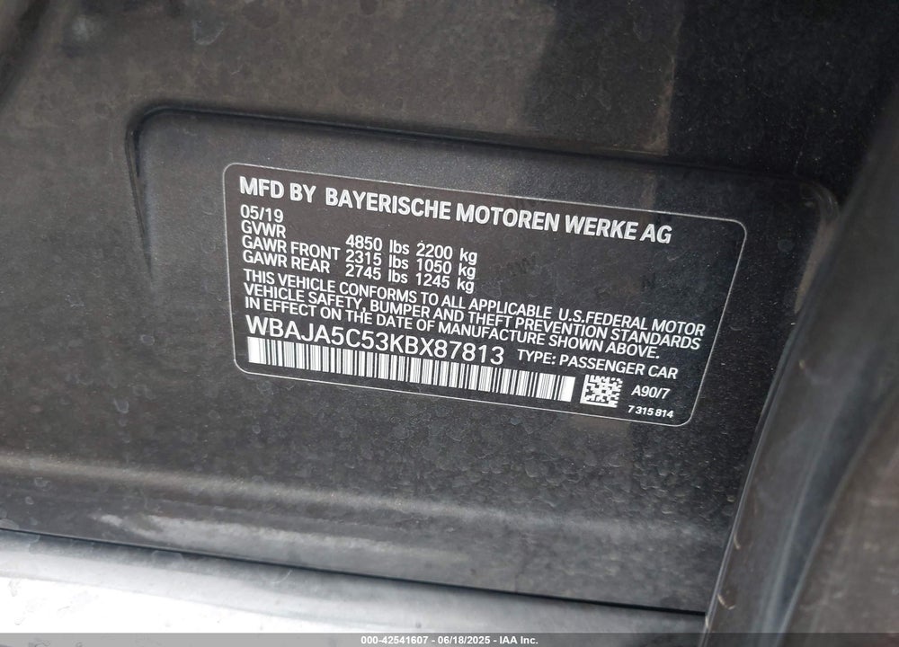2019 BMW 530I VIN: WBAJA5C53KBX87813