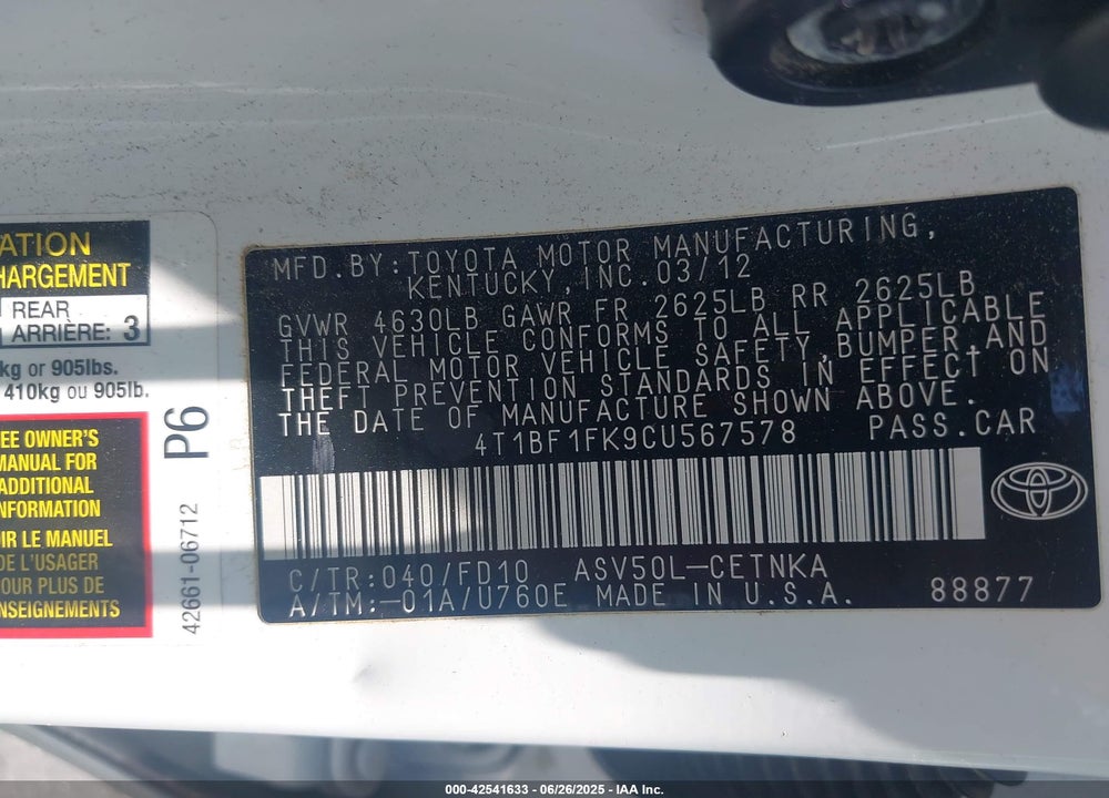 2012 TOYOTA CAMRY VIN: 4T1BF1FK9CU567578