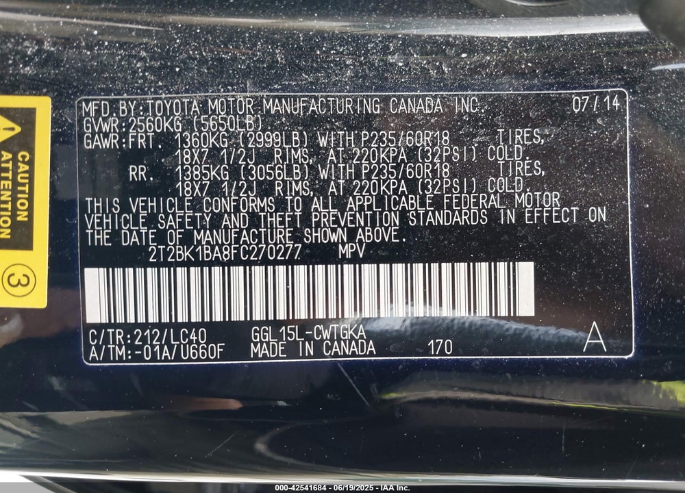 2015 LEXUS RX350 VIN: 2T2BK1BA8FC270277