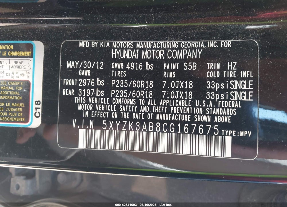2012 HYUNDAI SANTA FE LIMITED VIN: 5XYZK3AB8CG167675