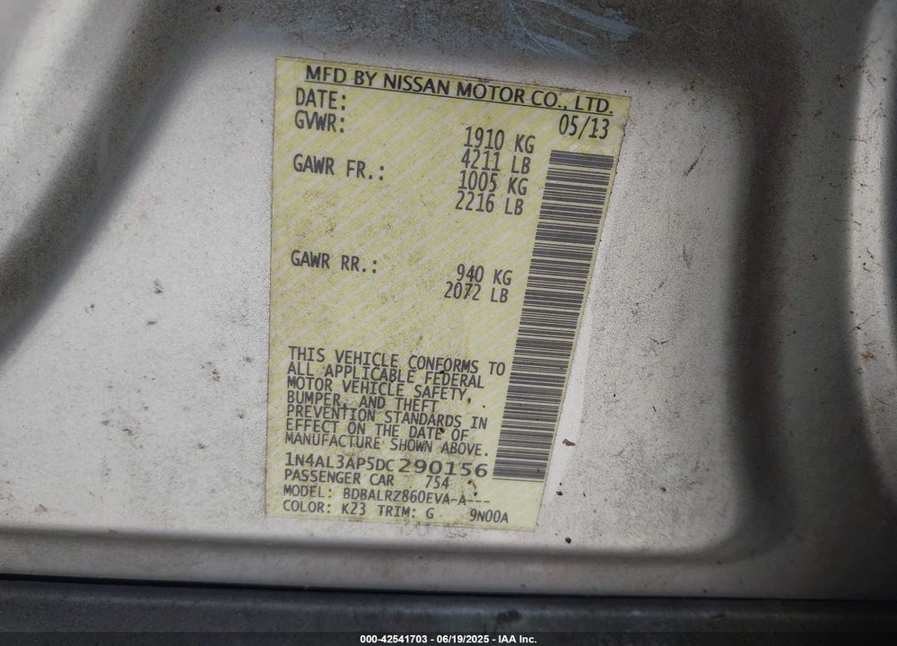 2013 NISSAN ALTIMA VIN: 1N4AL3AP5DC290156