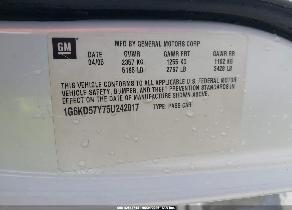 2005 CADILLAC DEVILLE STANDARD VIN: 1G6KD57Y75U242017