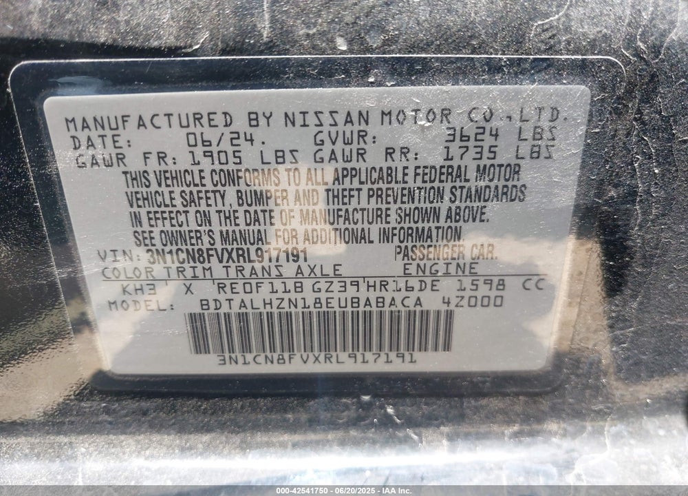 2024 NISSAN VERSA 1.6 SR VIN: 3N1CN8FVXRL917191