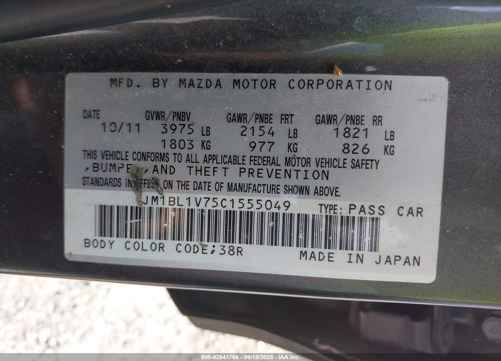 2012 MAZDA 3 VIN: JM1BL1V75C1555049