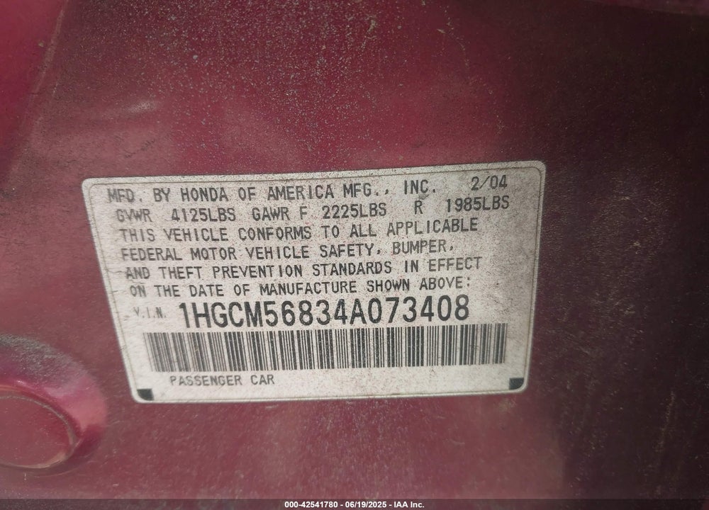 2004 HONDA ACCORD 2.4 EX VIN: 1HGCM56834A073408