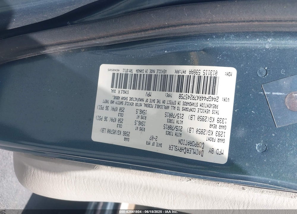 2007 CHRYSLER TOWN & COUNTRY LX VIN: 2A4GP44R47R245758