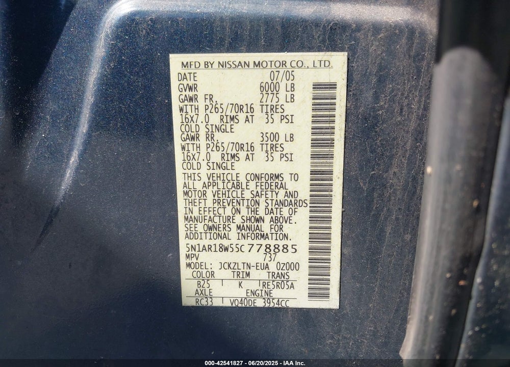 2005 NISSAN PATHFINDER SE VIN: 5N1AR18W55C778885