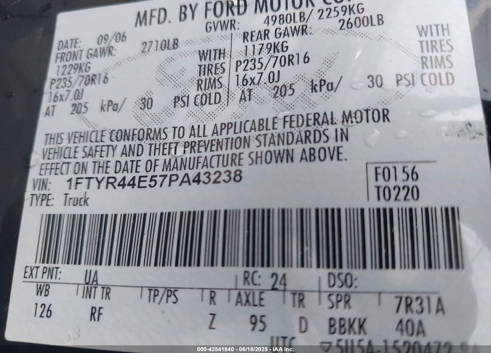 2007 FORD RANGER VIN: 1FTYR44E57PA43238