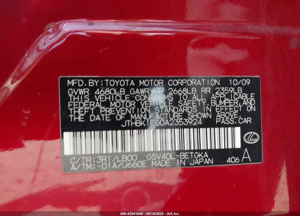 2010 LEXUS ES350 VIN: JTHBK1EG0A2353924