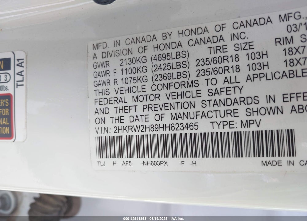 2017 HONDA CR-V VIN: 2HKRW2H89HH623465